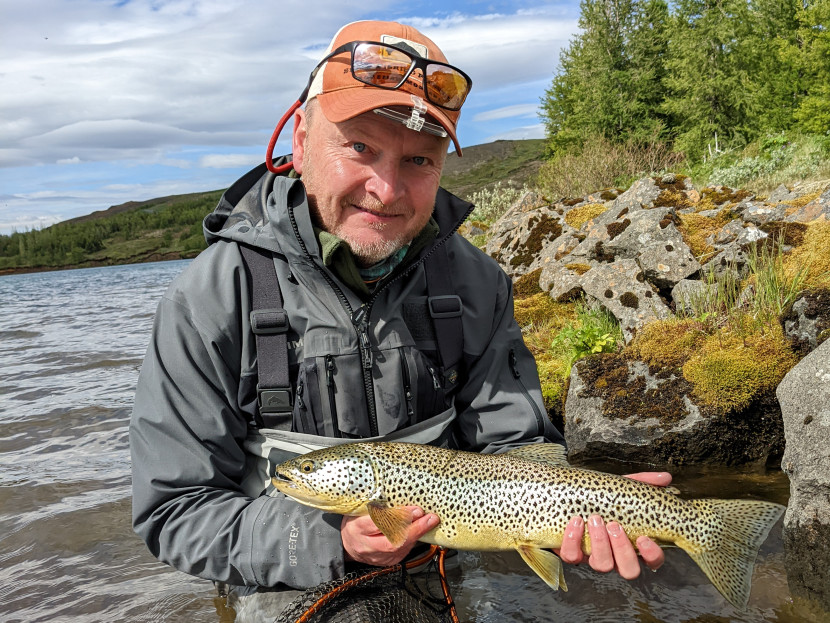 Lyn Davies with a 4lb brown trout, Iceland - Ceri Thomas
